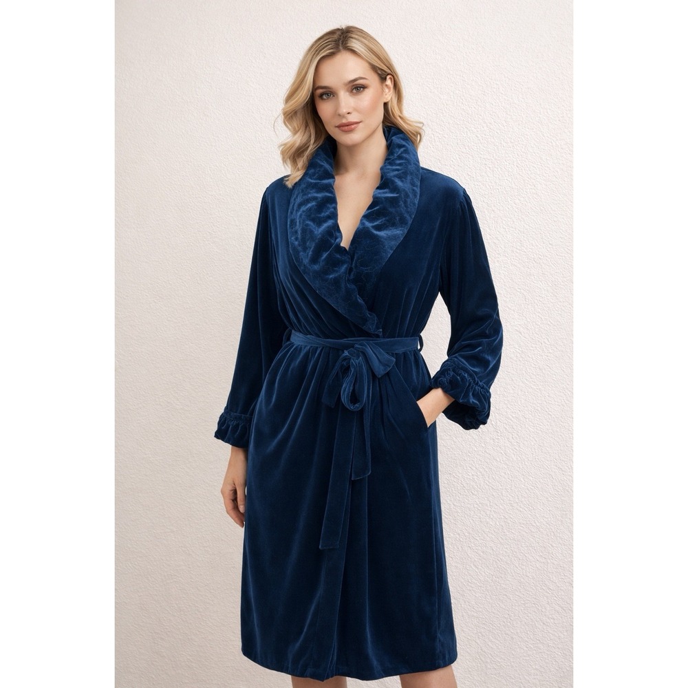 VTG Delicates Velvet Robe Deep Teal Quilted Shawl Collar Size L